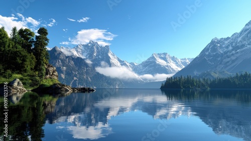 Majestic Mountain Landscape with Calm Lake and Clear Blue Sky