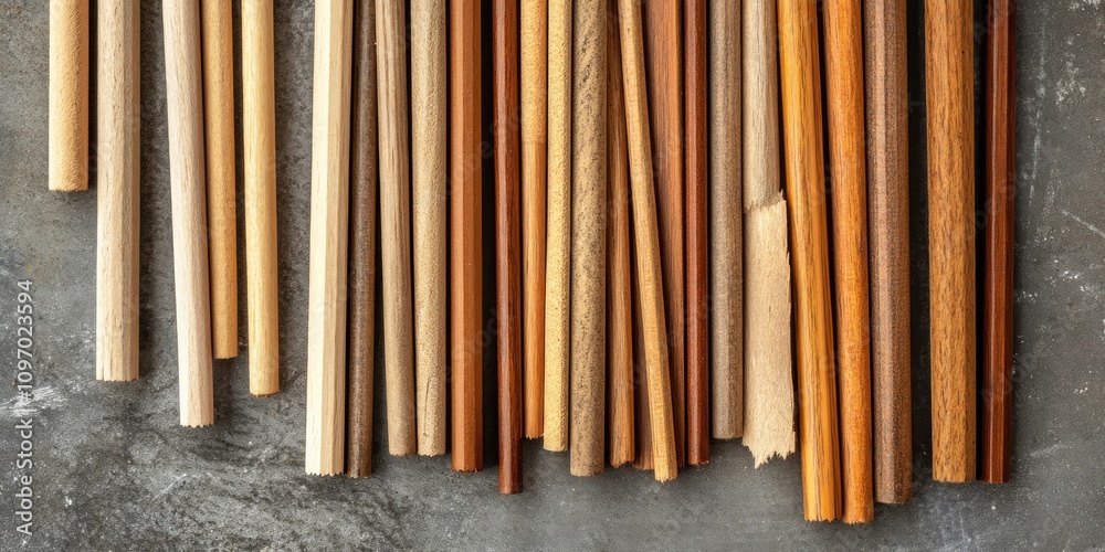 Wooden dowels arranged in a neat row showing various wood tones Wooden dowels arranged in a neat row showing various wood tones