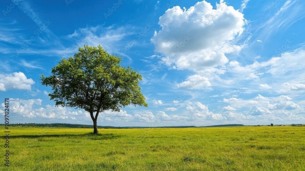 Fototapeta premium Serene Green Landscape with Lonely Tree under Blue Sky and Clouds