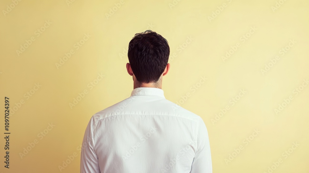 A man in a white shirt facing a plain yellow wall, suggesting contemplation or introspection. A man in a white shirt facing a plain yellow wall, suggesting contemplation or introspection.