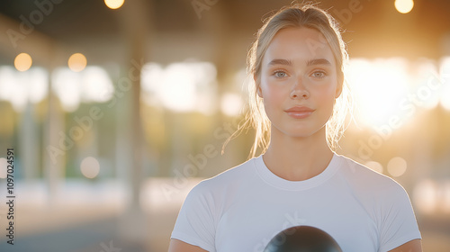 A young woman in a white sports outfit, holding a kettlebell during an outdoor workout session, bathed in warm golden sunlight for a serene fitness moment. photo