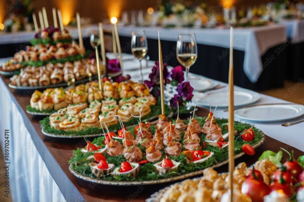 Beautifully decorated catering banquet table with different food snacks and appetizers on corporate christmas birthday party event or wedding celebration