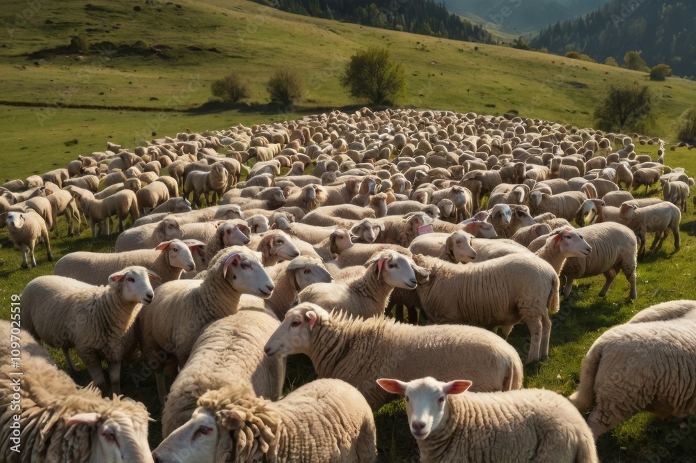 large flock of sheep in meadow in mountains large flock of sheep in meadow in mountains