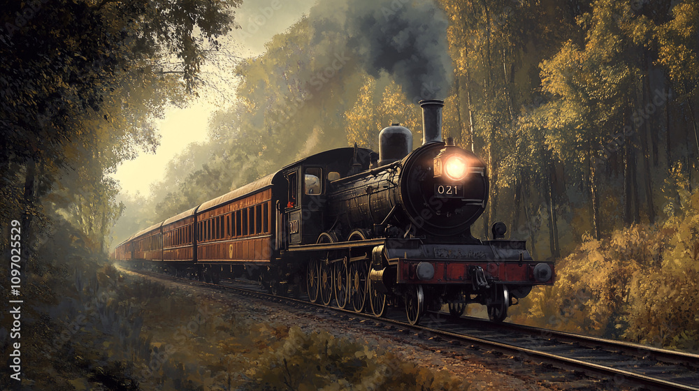 Fototapeta premium Vintage Steam Train Journey Through Autumn Forest Landscape