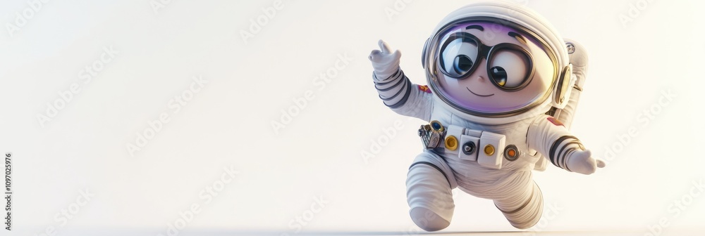 A cheerful cartoon astronaut character playfully exploring a space-themed environment. A cheerful cartoon astronaut character playfully exploring a space-themed environment.