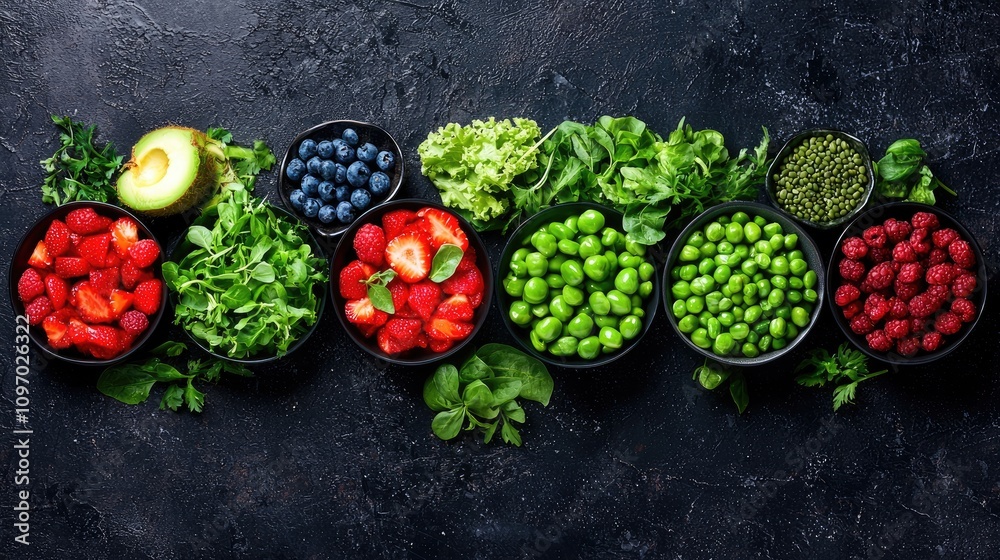 Fresh Fruit and Green Vegetables on Dark Background Table Fresh Fruit and Green Vegetables on Dark Background Table