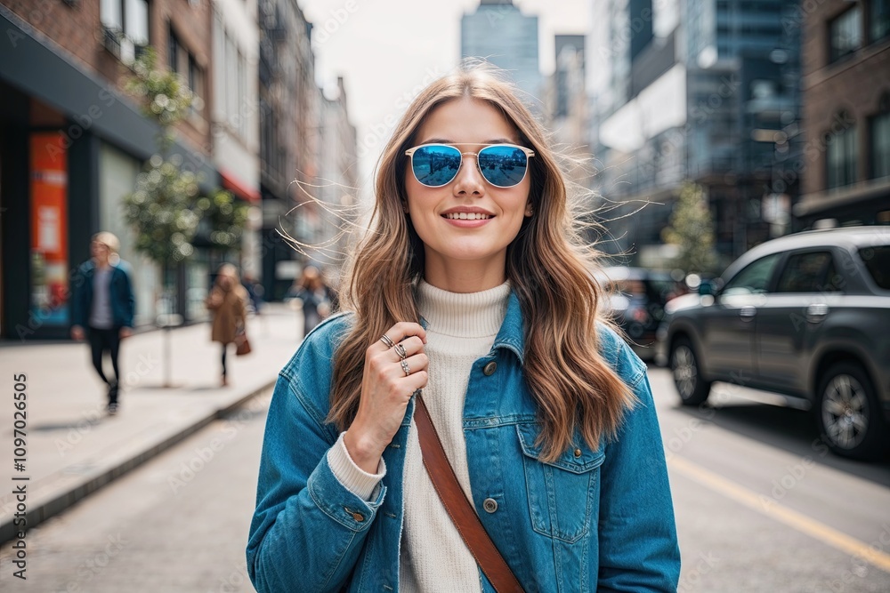 Fototapeta premium Fashionable Young Woman Rocking Chic Sunglasses Enjoying Urban Exploration