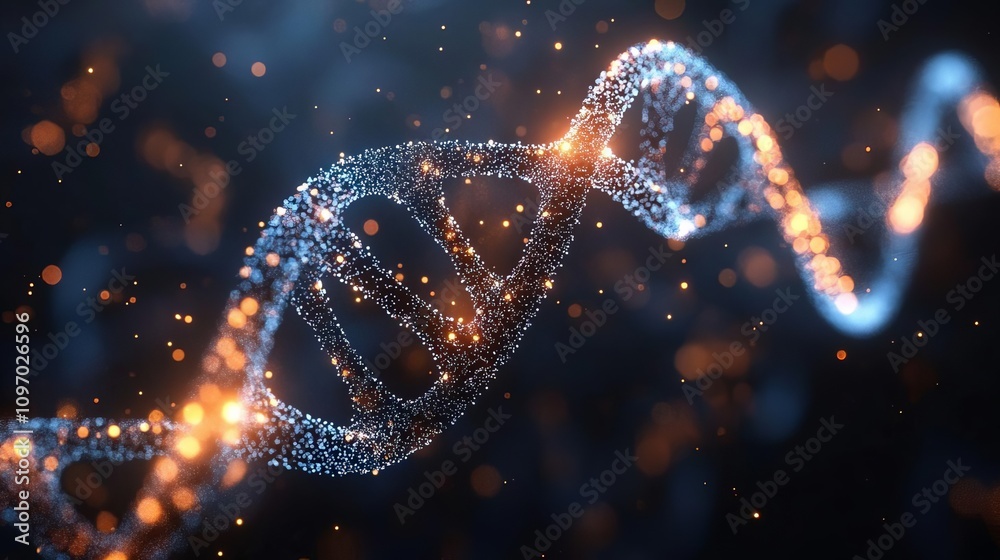 A surreal visualization of a DNA strand twinkling with vibrant colors against a dark background, symbolizing the complexities of genetic science.