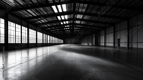 Empty industrial warehouse with long perspective and high ceiling