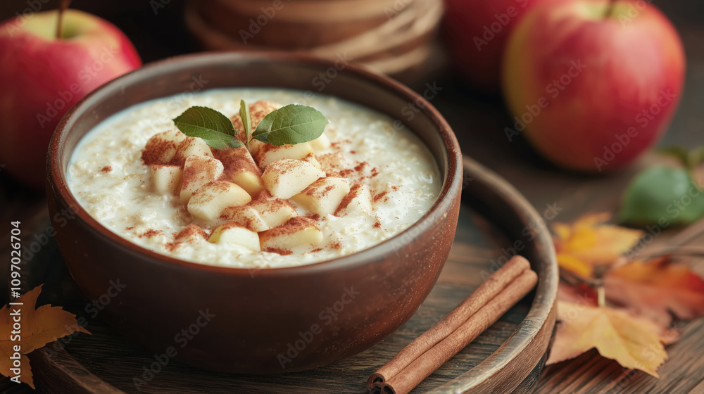 Warm apple cinnamon oatmeal in a rustic bowl Warm apple cinnamon oatmeal in a rustic bowl