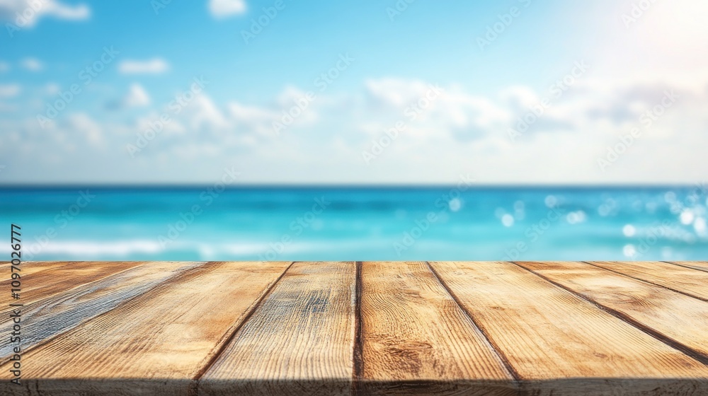 Wooden Tabletop Overlooking a Tranquil Ocean Scene Wooden Tabletop Overlooking a Tranquil Ocean Scene