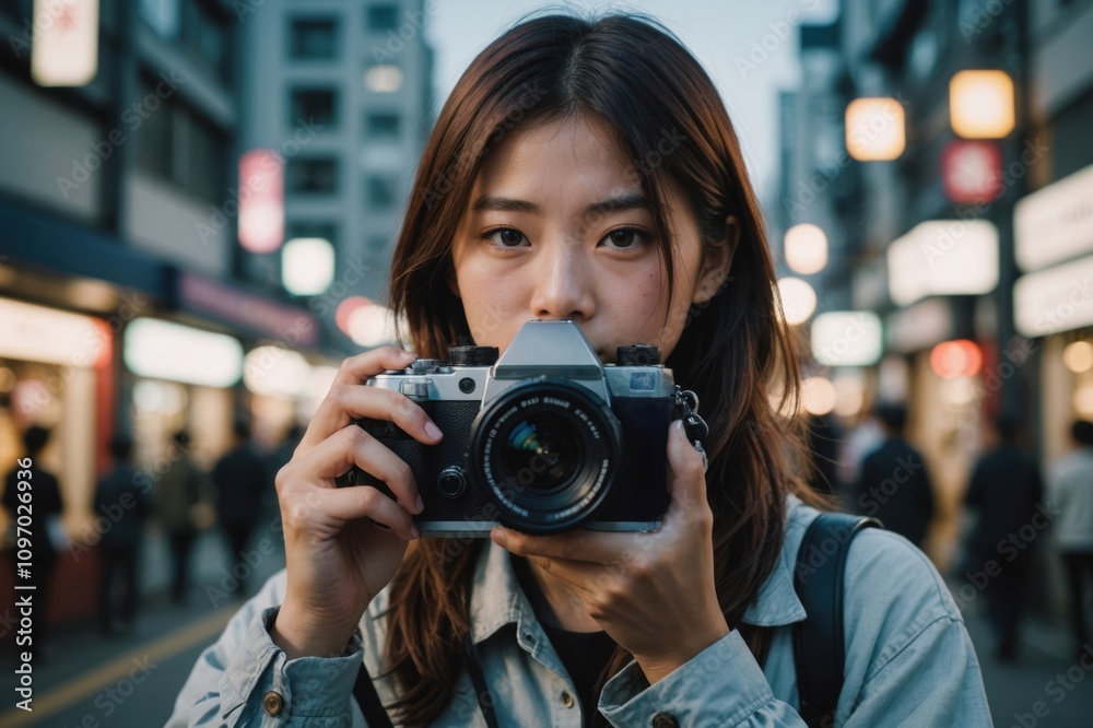 front view shot of young japanese woman holding a camera front view shot of young japanese woman holding a camera