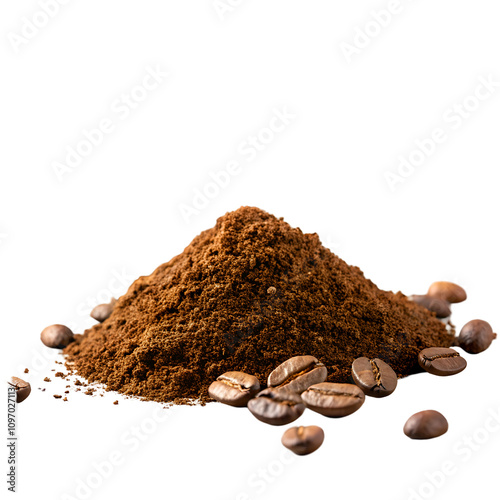 coffee beans with ground powder explosion isolated on white background, dynamic studio shot, clipping path, transparent PNG download, perfect for marketing, product photography, and retail trade
