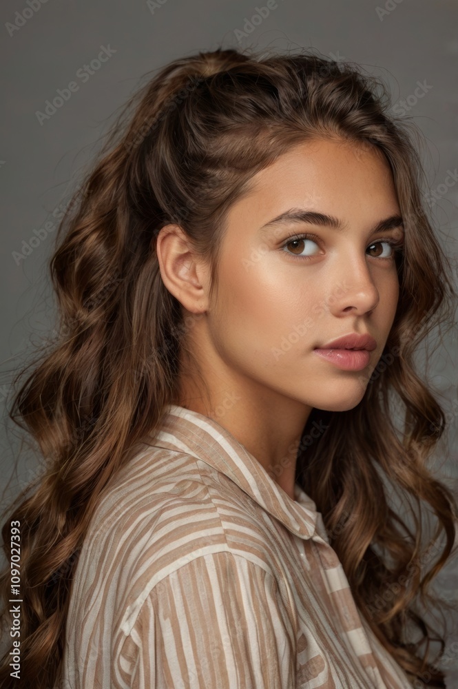 Naklejka premium young woman with long wavy brown hair and brown eyes