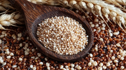 A wooden spoon filled with quinoa grains, surrounded by wheat and other seeds.
