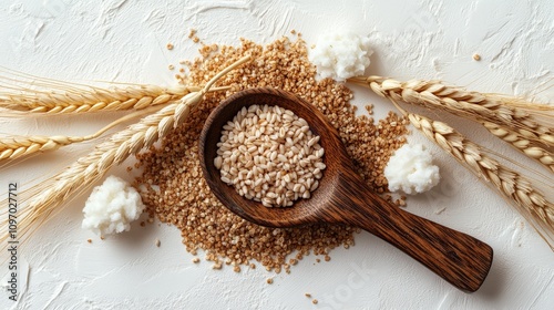 A wooden spoon filled with grains on a textured background, surrounded by wheat and decorative elements.