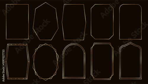 Simple golden frames. Thin gold borders in art deco retro style. Subtle linear shining rectangular photo frame, brass glowing shiny boarder. Vector luxury minimalist windows.