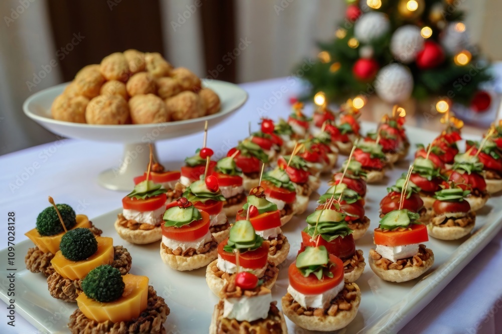 Beautifully decorated catering banquet table with different food snacks and appetizers on corporate christmas birthday party event or wedding celebration Beautifully decorated catering banquet table with different food snacks and appetizers on corporate christmas birthday party event or wedding celebration