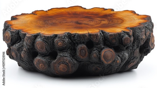 A unique wooden coffee table with a natural, organic design showcasing tree rings and texture.