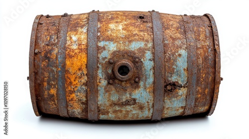 A rusty, weathered barrel with blue and orange hues, showcasing age and industrial use.