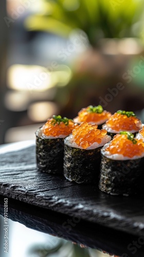 Nama Uni arranged on a black slate plate, with studio lighting casting soft shadows to enhance the delicate presentation photo