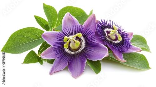 Two Purple Passion Flowers with Green Leaves