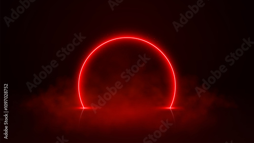 Red neon circle on dark smoky background. Template for your design. Vector illustration