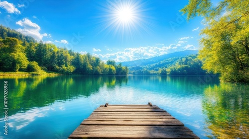 Serene Lakeside View With Wooden Dock And Sunny Sky