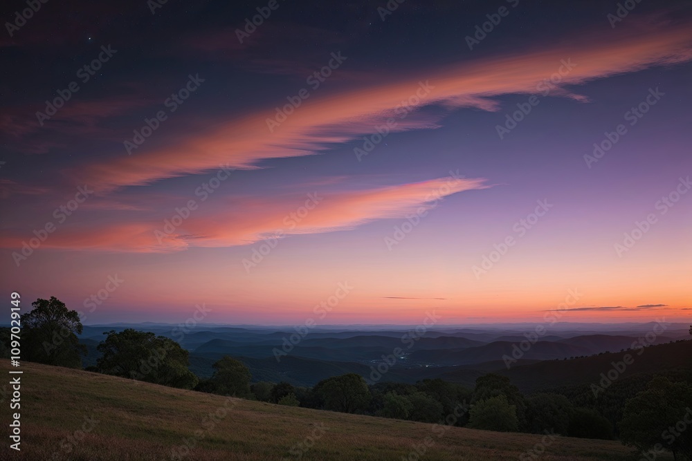 Fototapeta premium Tranquil Twilight Landscape Panorama with Warm Peach and Violet Horizon