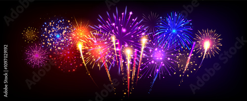 Festive fireworks. Realistic 3D firework explosions with colorful sparkles, bright salute crackers lights. Merry Christmas and Happy New Year 2025 vector celebration background.