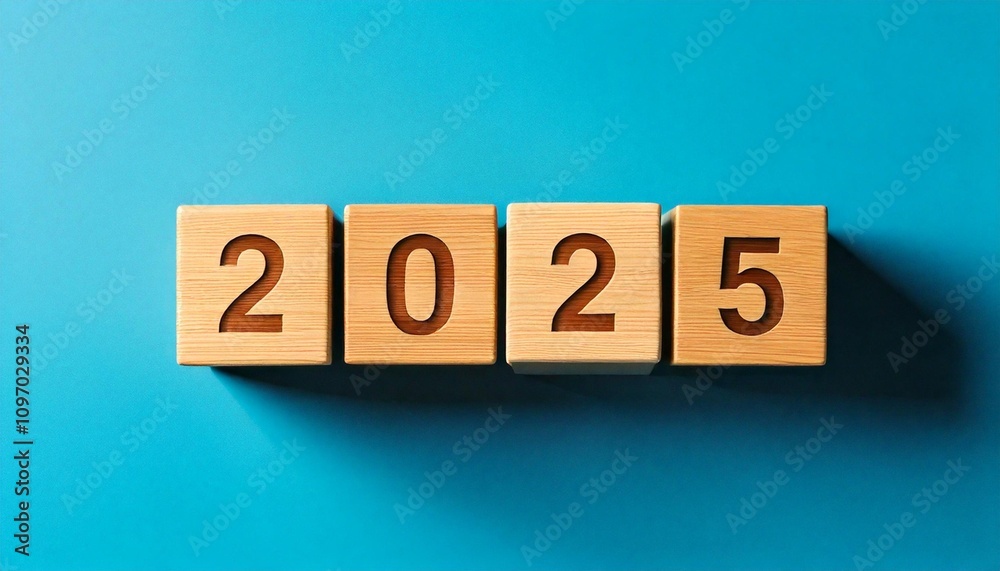 Wooden blocks arranged to form '2025' against a vibrant blue backdrop, in a 3D style Wooden blocks arranged to form '2025' against a vibrant blue backdrop, in a 3D style