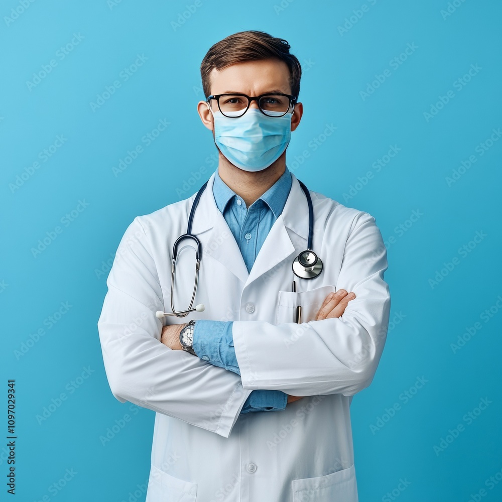 A doctor, masked, symbolizes COVID-19 protection and care for the sick. A doctor, masked, symbolizes COVID-19 protection and care for the sick.