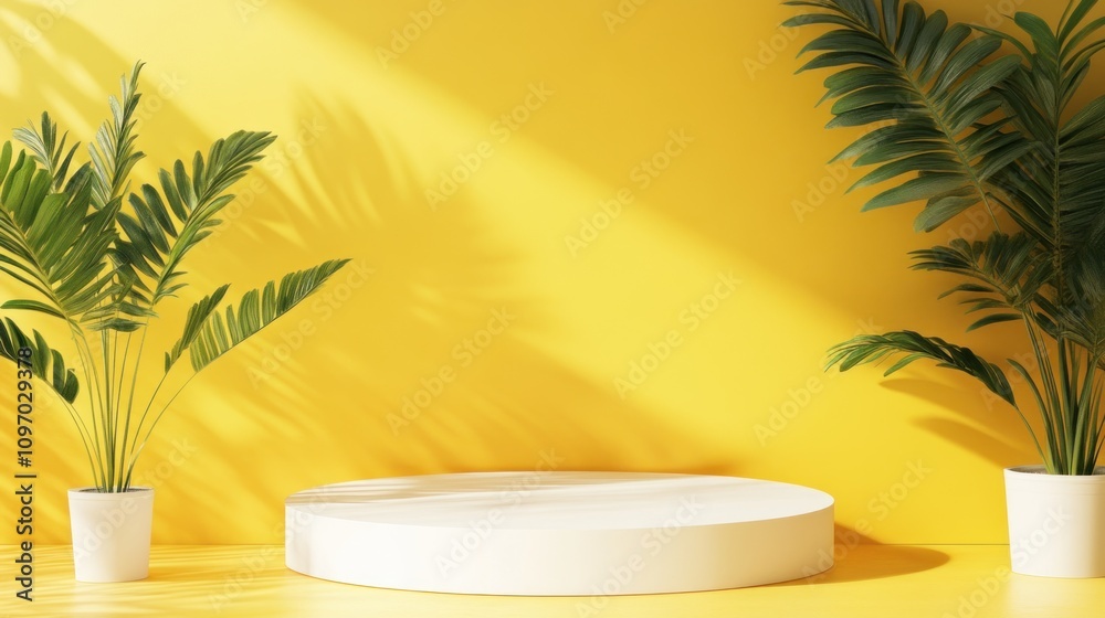 White Circular Display Stand With Tropical Plants White Circular Display Stand With Tropical Plants