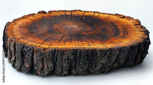 A cross-section of a tree trunk, showcasing growth rings and bark texture.