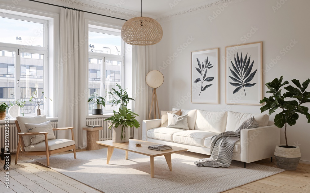 Fototapeta premium A bright and airy living room features a light beige sofa, a light wood coffee table, and a light wood armchair with a light beige cushion. 