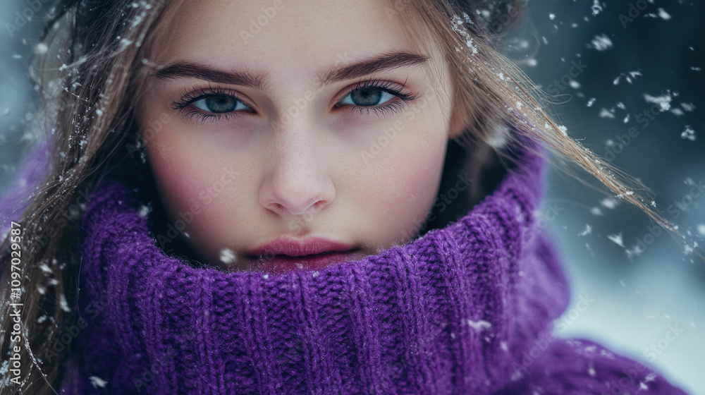Woman in purple sweater in winter Woman in purple sweater in winter