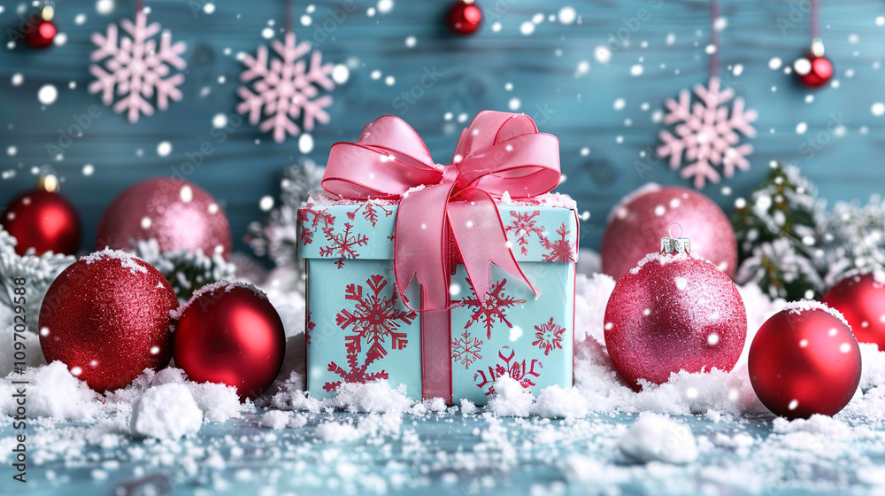 Red Christmas Balls and elegant Gift Box on Snow Panoramic View Light Blue Background Red Christmas Balls and elegant Gift Box on Snow Panoramic View Light Blue Background