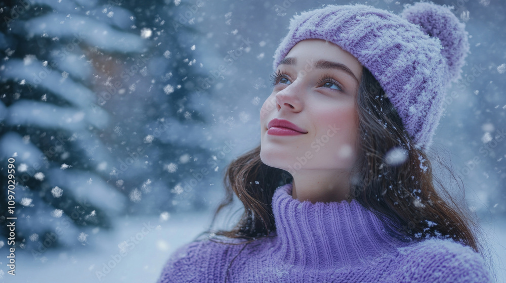Woman in purple sweater in winter Woman in purple sweater in winter