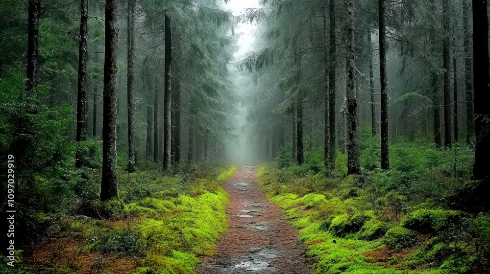 Fototapeta premium A misty forest path surrounded by tall trees and lush greenery.