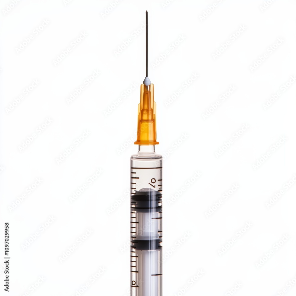A single-use needle and syringe, ready for medical use. The image is isolated on a white background. A single-use needle and syringe, ready for medical use. The image is isolated on a white background.