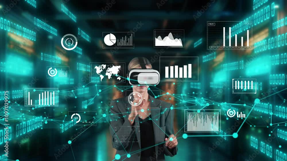 Woman searching by log in password dynamic market data sliding world analysis by VR of future global innovation interface digital infographic network technology virtual hologram server. Contraption.