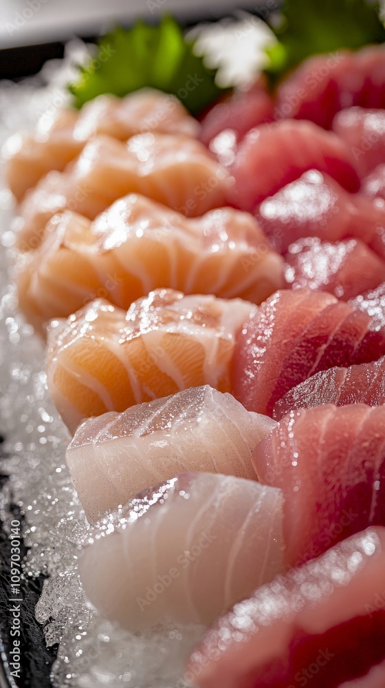 Luxurious Raw Fish Sashimi display with soft studio lighting, focusing on the natural textures and delicate presentation Luxurious Raw Fish Sashimi display with soft studio lighting, focusing on the natural textures and delicate presentation