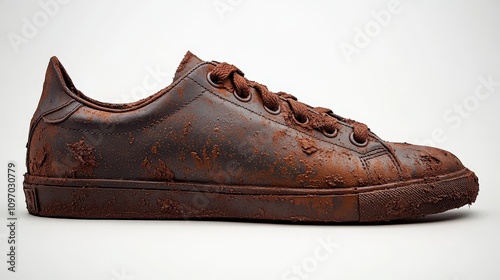 A sneaker covered in chocolate, showcasing a unique and playful design.