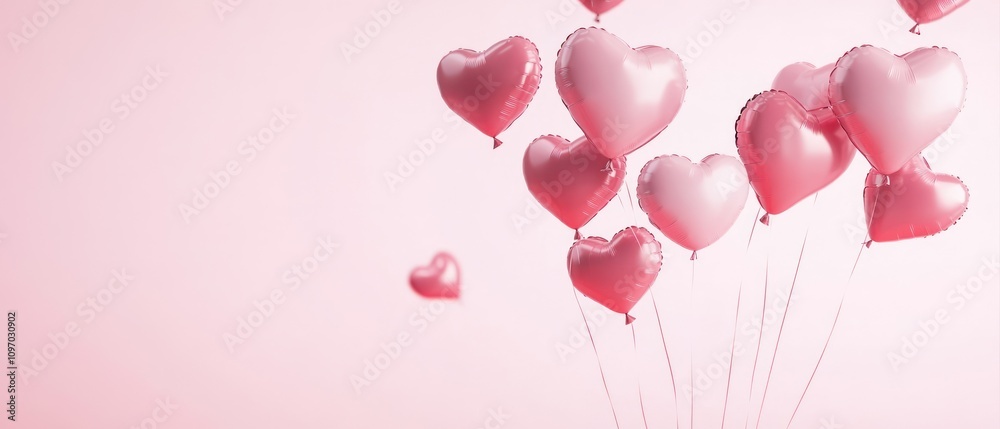 Pink Heart Shaped Balloons Floating Gently Against a Soft Pink Background Pink Heart Shaped Balloons Floating Gently Against a Soft Pink Background