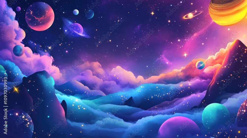 Cosmic Dreamscape: A Celestial Landscape of vibrant Planets and Nebulae Cosmic Dreamscape: A Celestial Landscape of vibrant Planets and Nebulae