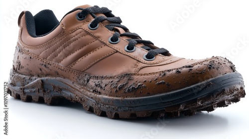 A muddy athletic shoe showcasing outdoor activity and durability.