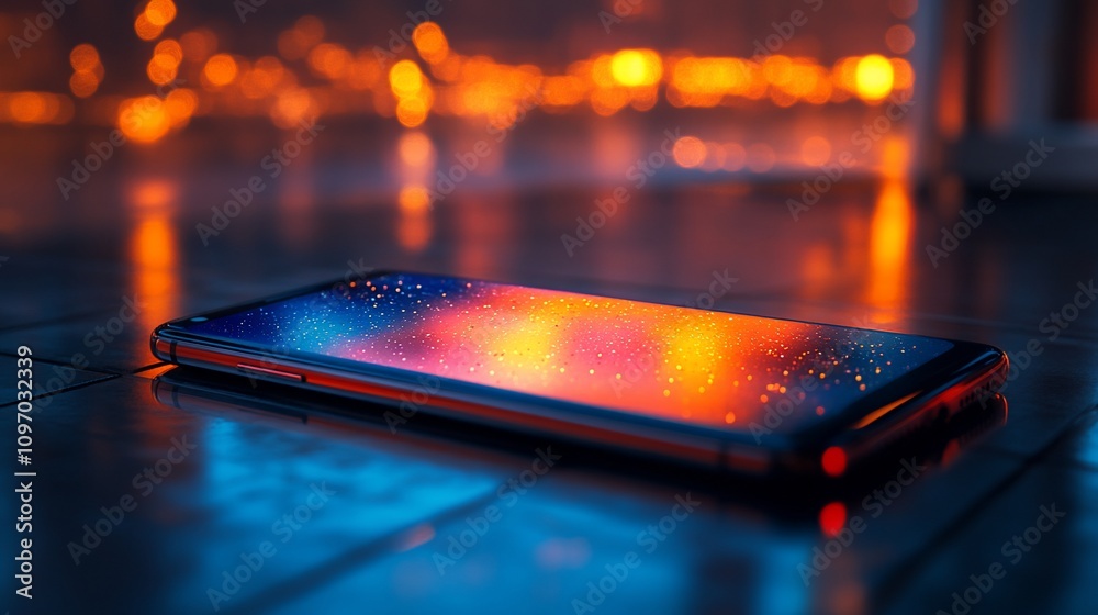 Smartphone reflecting city lights at night. Smartphone reflecting city lights at night.