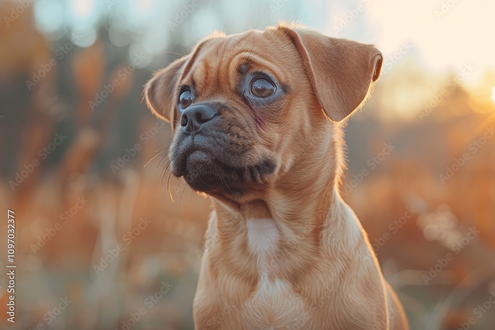 Portrait of a Pugelier Puppy  Cavalier King Charles Spaniel Orange Gradient Background
