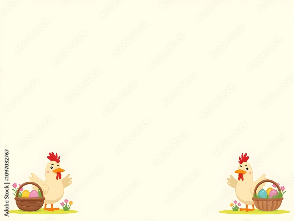 Set of flat vector illustrations for Easter day. Cute Easter chickens with Easter eggs, Easter basket and spring flowers Set of flat vector illustrations for Easter day. Cute Easter chickens with Easter eggs, Easter basket and spring flowers