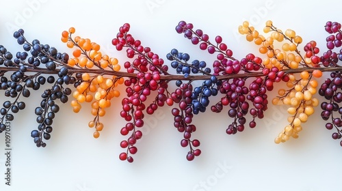 Colorful arrangement of berries on a branch, showcasing vibrant hues and natural beauty.